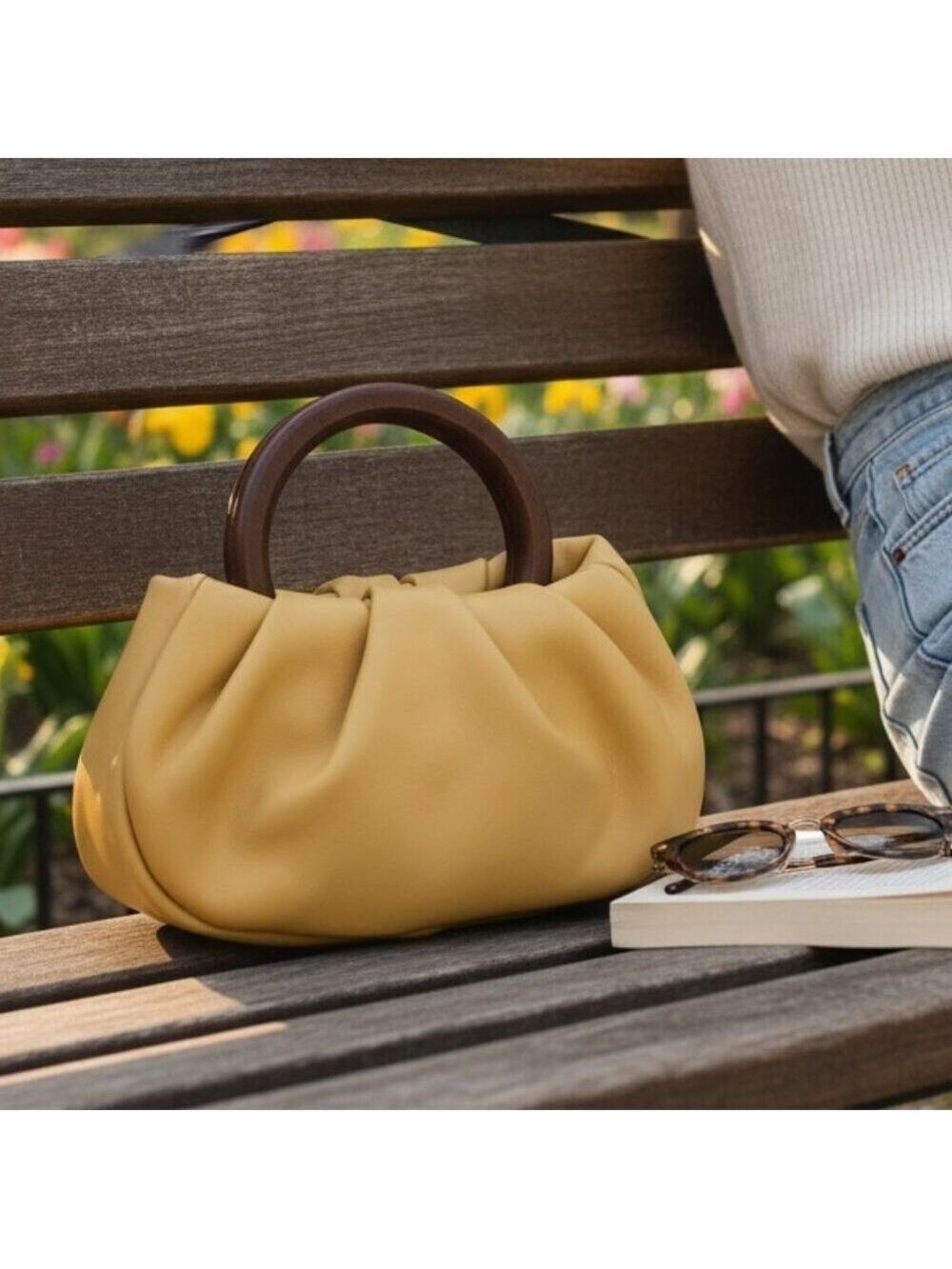 Minimalist Dumpling Bag Wood Handle Crossbody Beige Faux Leather Shoulder Bag